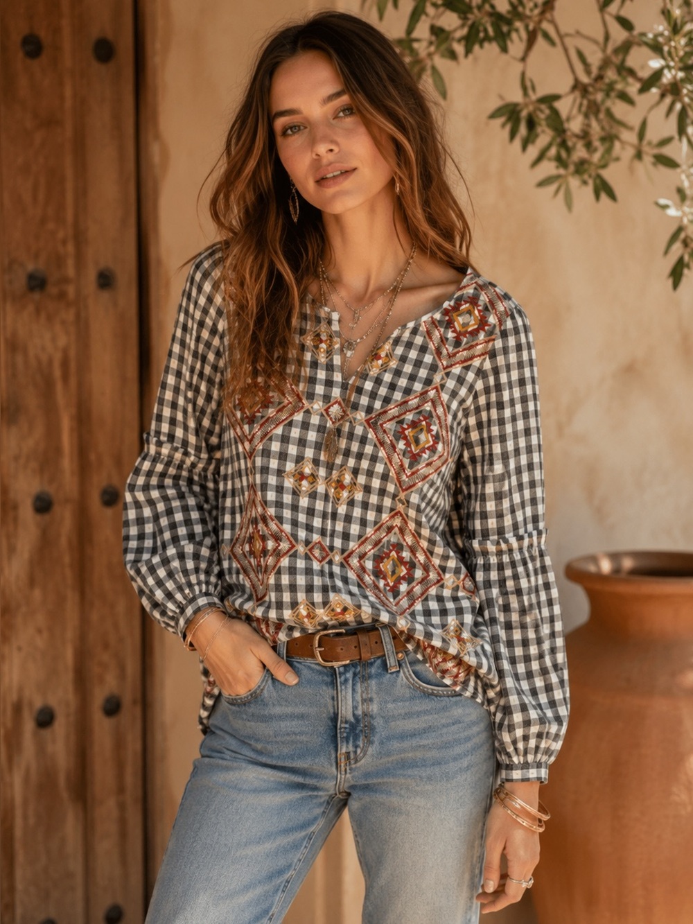 Savanna Jane Embroidered Buffalo Plaid Boho Peasant Top Medium Aztec Western M - Picture 1 of 9